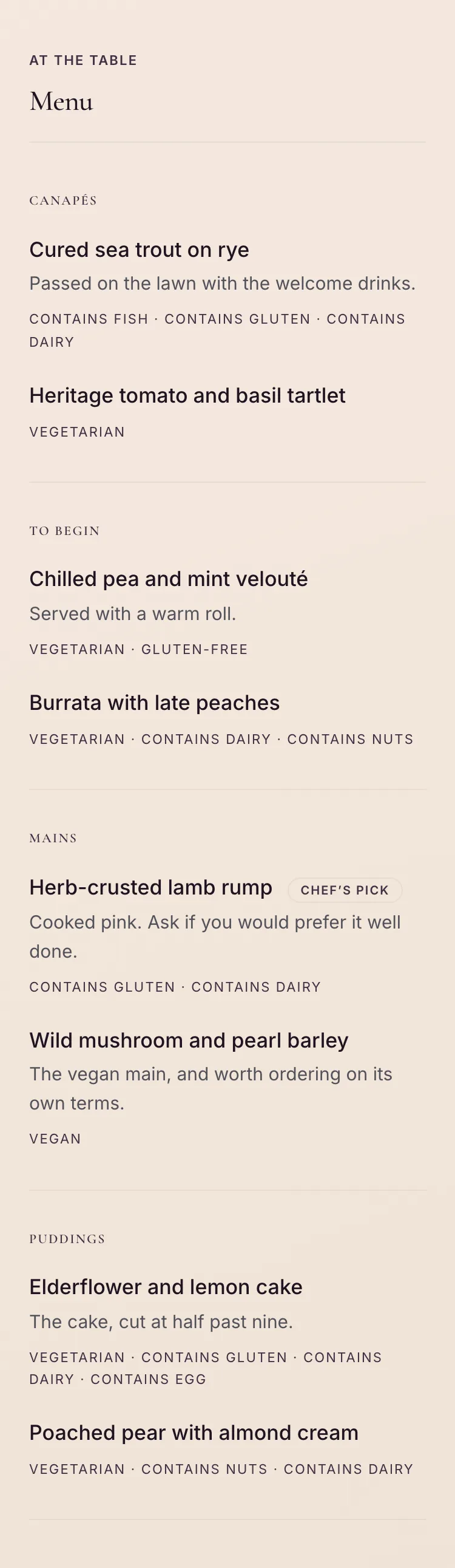 A menu on a phone listing dishes by course, each with its own QR code.