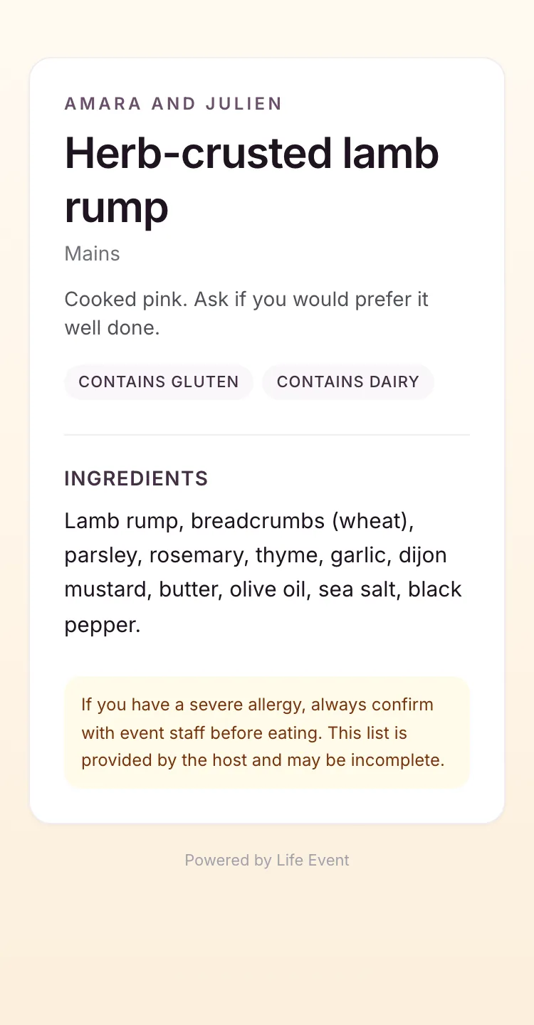 The page a guest reaches after scanning a dish QR code, listing that dish and its ingredients.