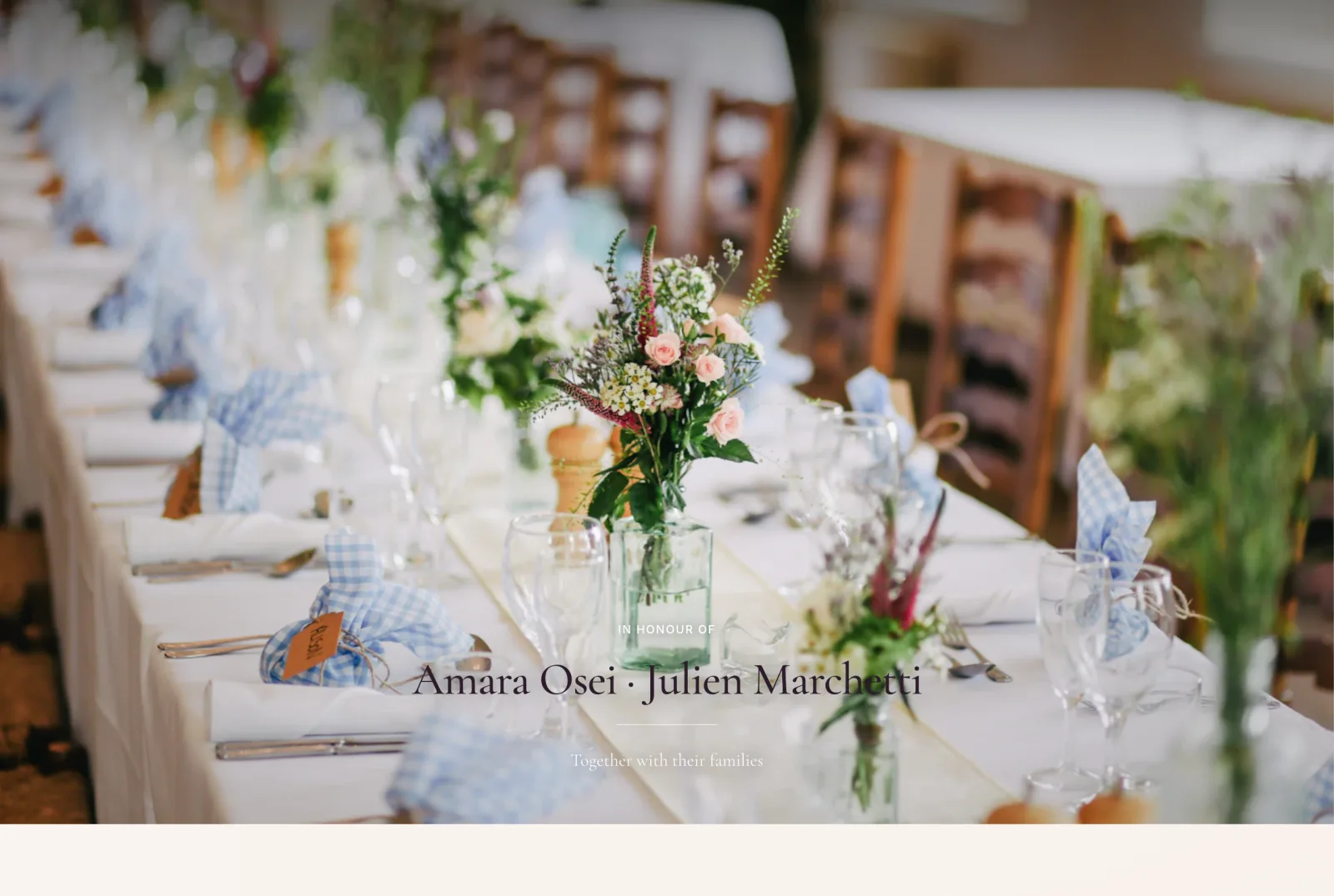 The opening of a wedding page: a long table laid with flowers and gingham napkins, and over it the names Amara Osei and Julien Marchotti.