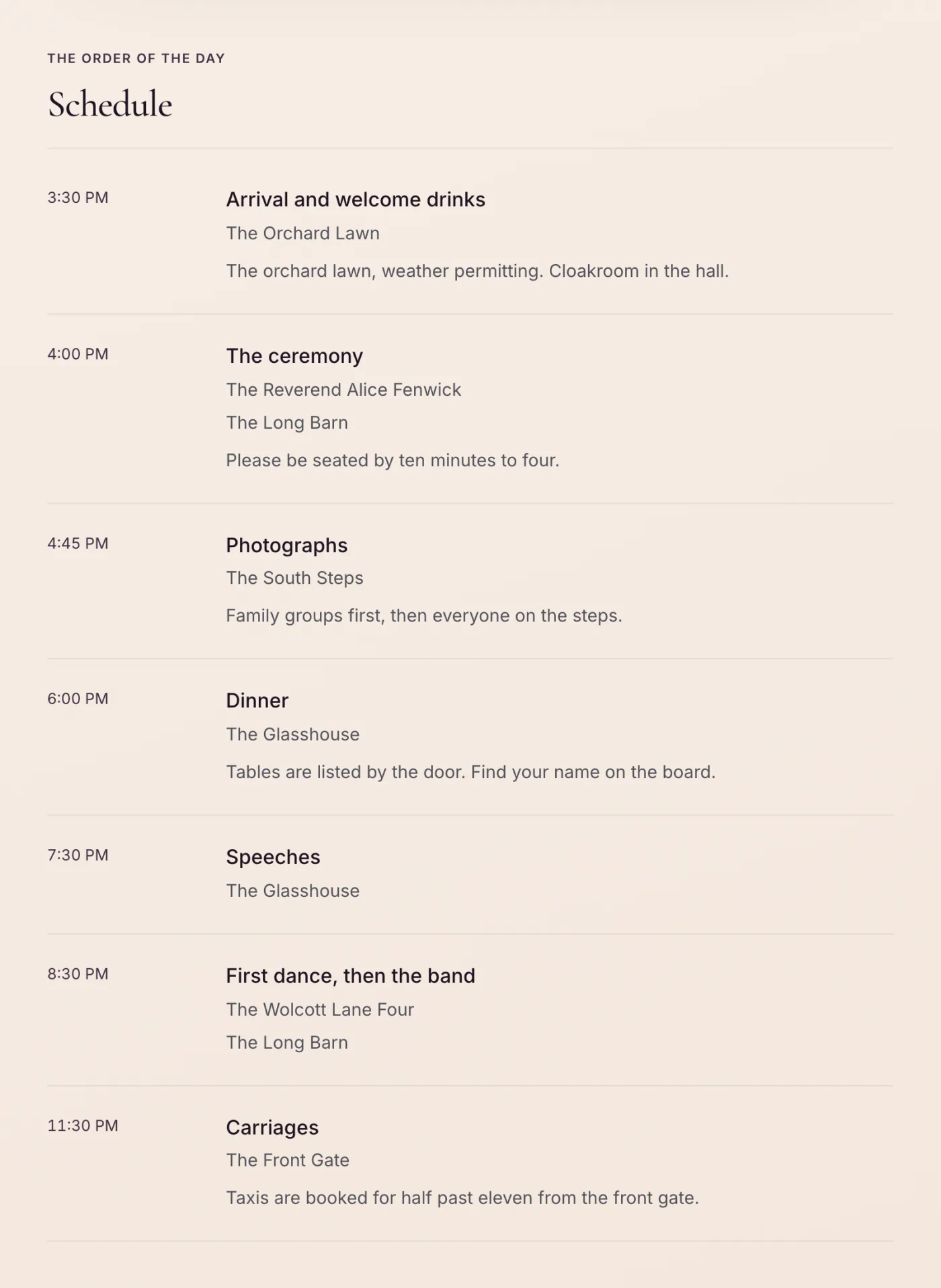 A running order listing each part of the day with times, locations and who is speaking.